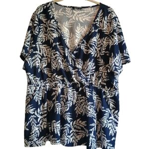 Bloomchick Size 26 Navy Blue Leaf‎ Print Kimono Style Top Plus Size Short Sleeve